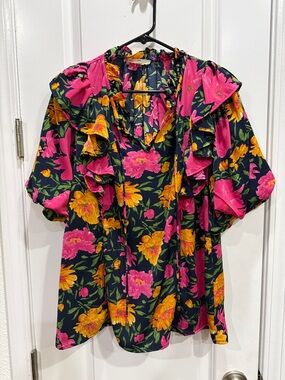 entro Floral Ruffle V-Neck Blouse - Pink & Yellow on Black